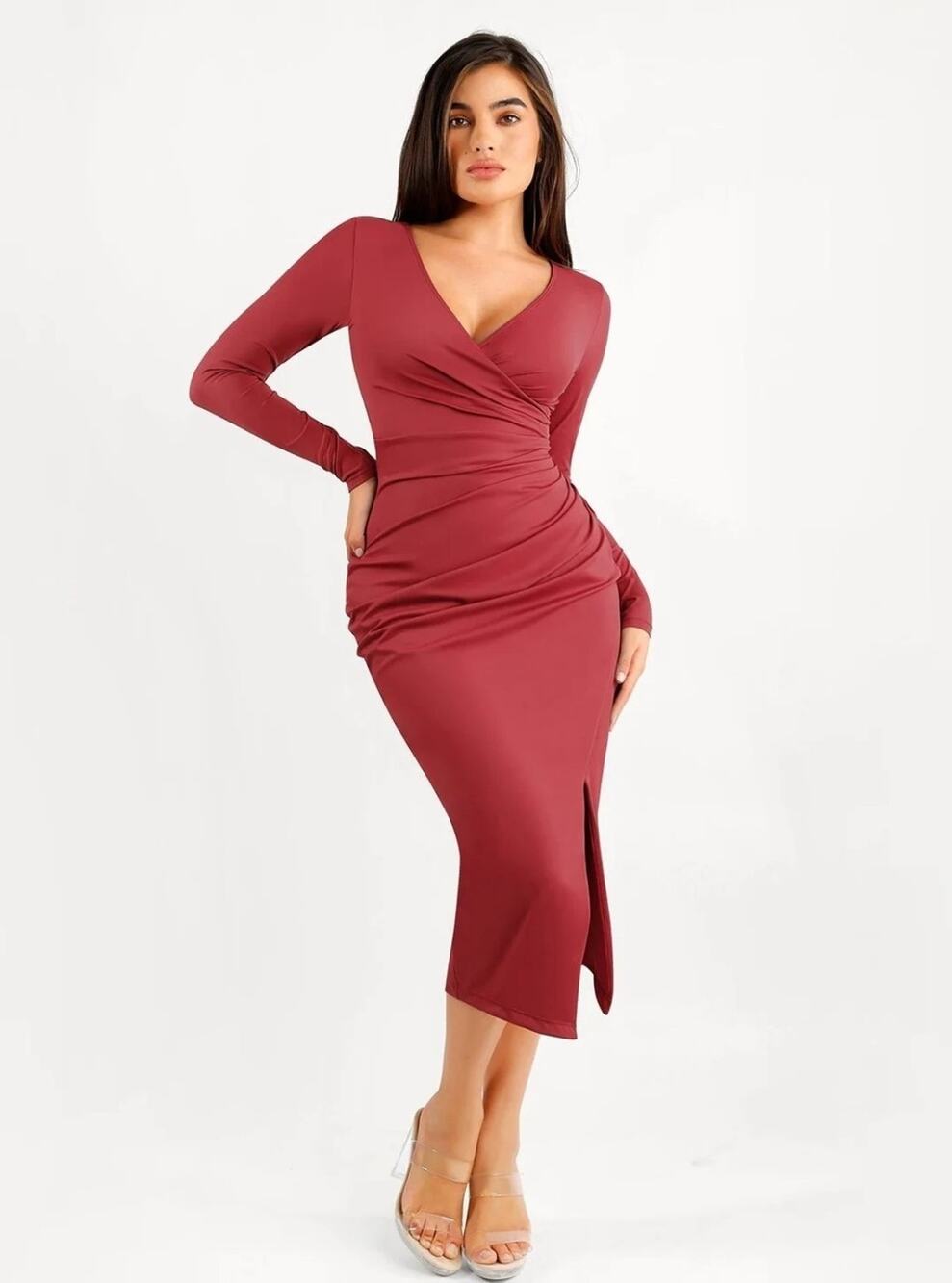 Popilush Ruched Red Long Sleeve Slimming Midi Dress New Medium